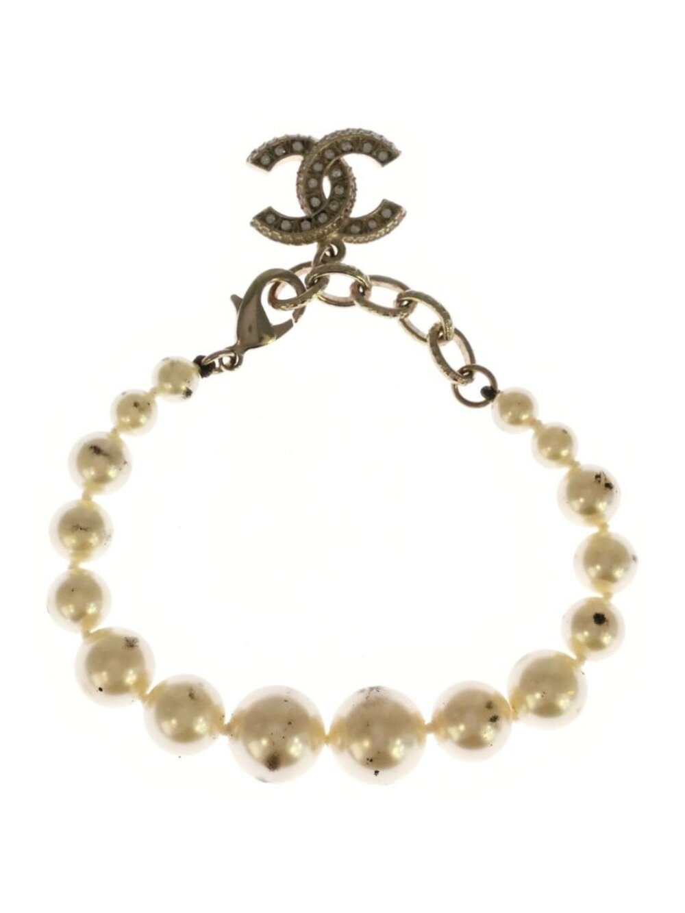 Chanel CC Logo Faux Pearl Rhinestone Metal Bracelet White Gold